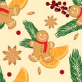 Christmas seamless pattern with spruse, citrus and christmas cake